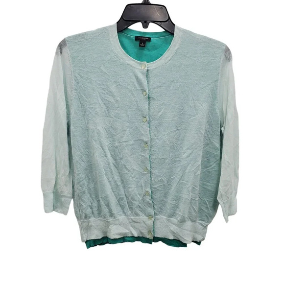 Ann Taylor Women's Mint Green Gauzy Layer Sheer 3/4 Sleeve Button Up‎ Cardigan L - Picture 1 of 8